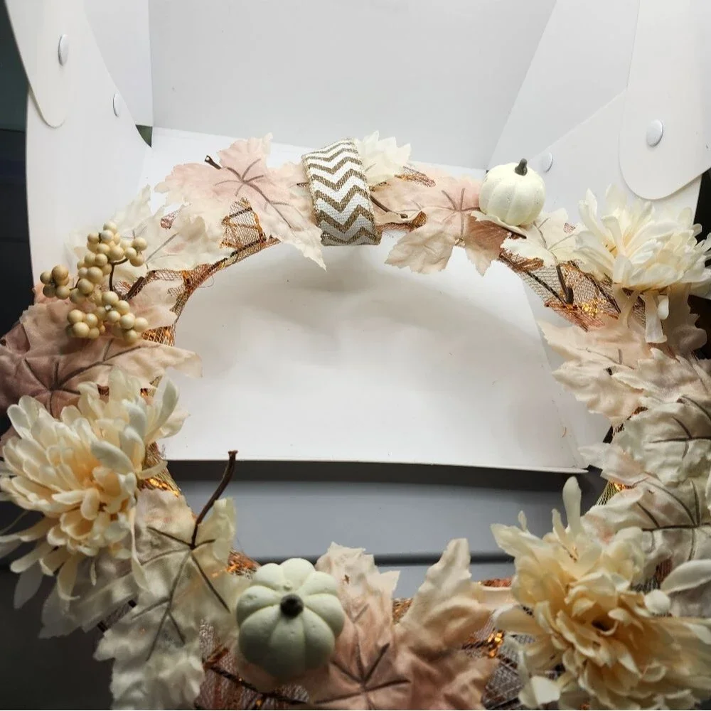 Hand Crafted Ivory Chrysanthemum Pumpkin Floral Wreath Summer Door Wall